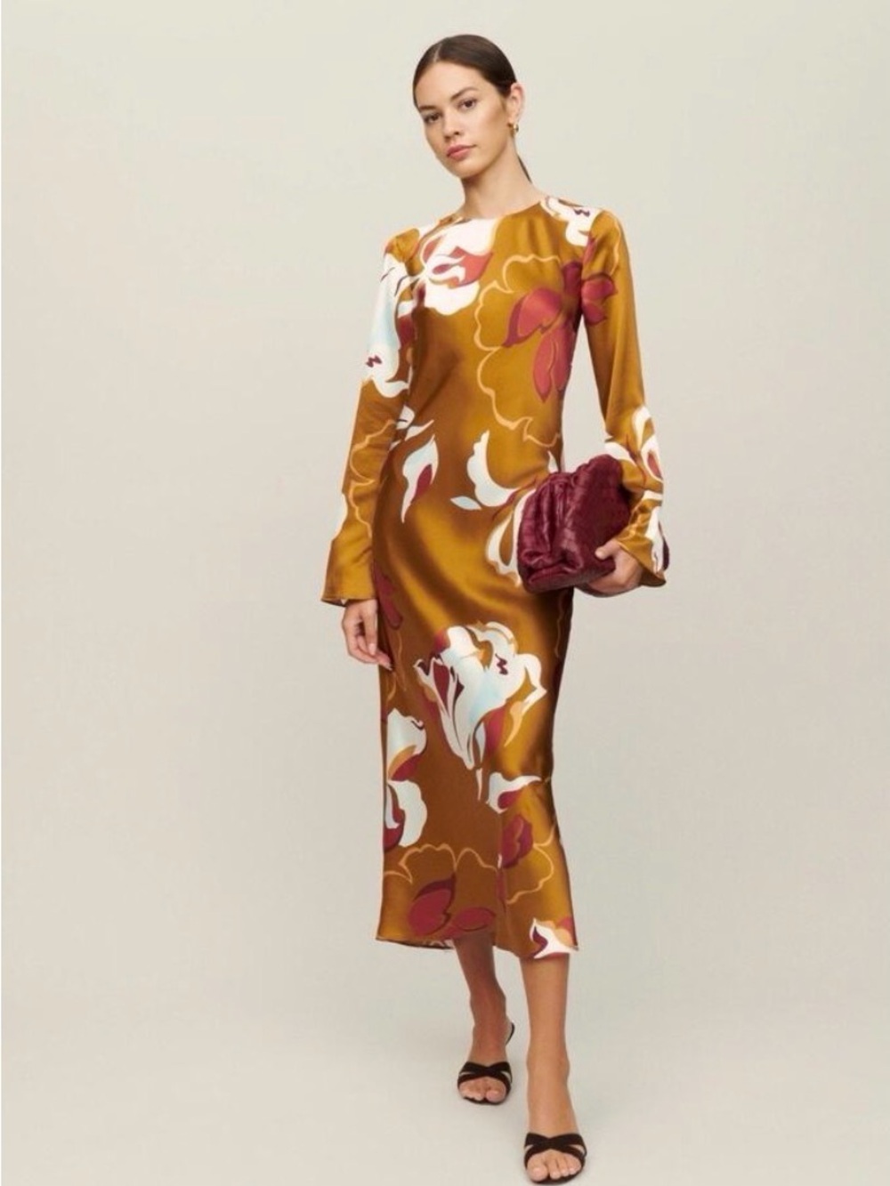 Reformation Davina 100% silk dress in Sepia